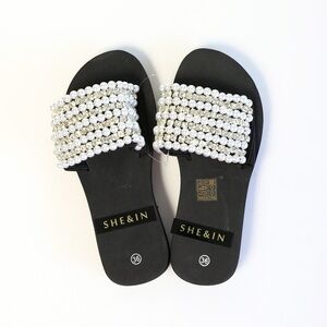 New black embellished crystal sandals open toe slides pearly resort EUR 36 US 6